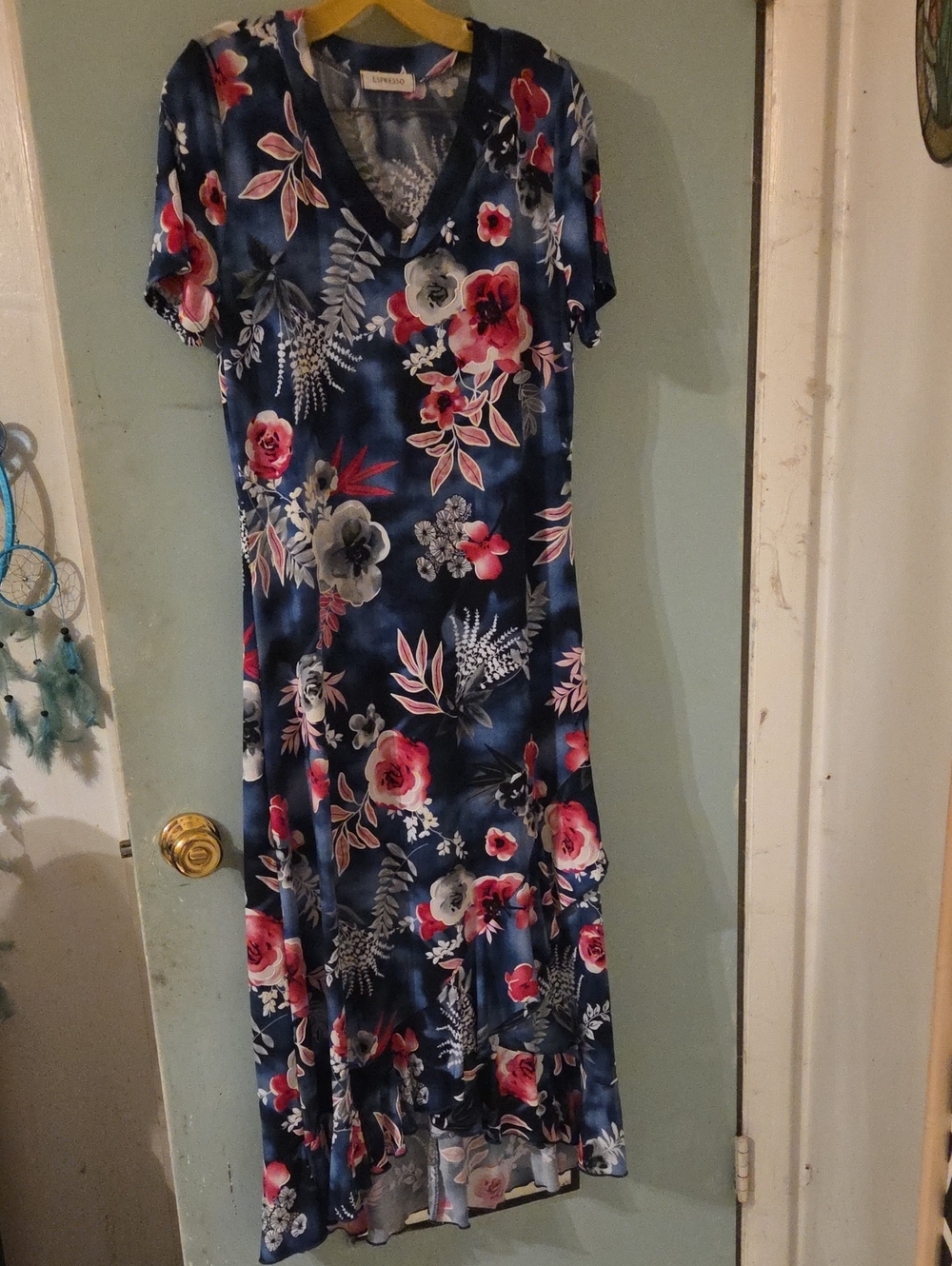 Espresso Navy Floral V-Neck Maxi Dress with Pink and Red Blooms